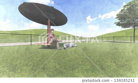 A scene of dogs playing in a spacious, green dog run, with people included (3DCG illustration). A scene of dogs playing in a spacious, green dog run, with people included (3DCG illustration). 139285231