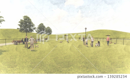 A scene of dogs playing in a spacious, green dog run, with people included (3DCG illustration). A scene of dogs playing in a spacious, green dog run, with people included (3DCG illustration). 139285234