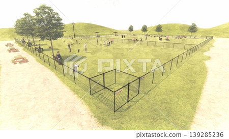 A scene of dogs playing in a spacious, green dog run, with people included (3DCG illustration). A scene of dogs playing in a spacious, green dog run, with people included (3DCG illustration). 139285236