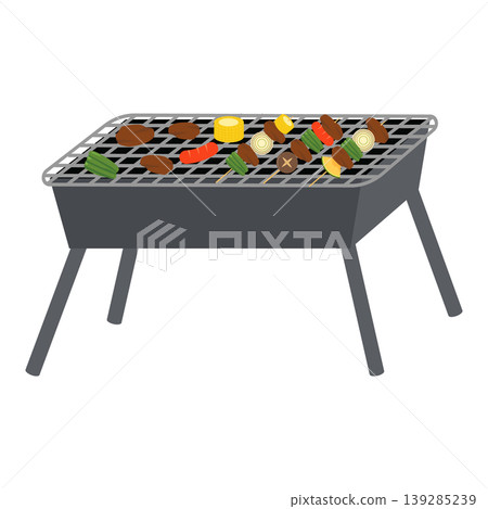 一張燒烤架的插圖，上面擺滿了食物。 139285239