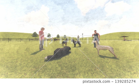 A scene of dogs playing in a spacious, green dog run, with people included (3DCG illustration). A scene of dogs playing in a spacious, green dog run, with people included (3DCG illustration). 139285274