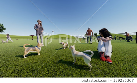 A scene of dogs playing in a spacious, green dog run, with people included (3DCG illustration). A scene of dogs playing in a spacious, green dog run, with people included (3DCG illustration). 139285307