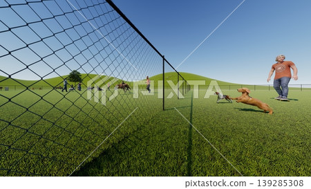 A scene of dogs playing in a spacious, green dog run, with people included (3DCG illustration). A scene of dogs playing in a spacious, green dog run, with people included (3DCG illustration). 139285308