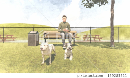 A scene of dogs playing in a spacious, green dog run, with people included (3DCG illustration). 139285311