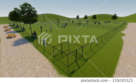 A scene of dogs playing in a spacious, green dog run, with people included (3DCG illustration). A scene of dogs playing in a spacious, green dog run, with people included (3DCG illustration). 139285323