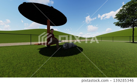 一群狗狗在寬敞的綠色狗場裡玩耍的場景,其中也包括一些人(3DCG 插圖)。 一群狗狗在寬敞的綠色狗場裡玩耍的場景,其中也包括一些人(3DCG 插圖)。 139285346