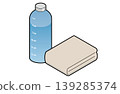 A water bottle with a blue time marker and a beige towel. 139285374