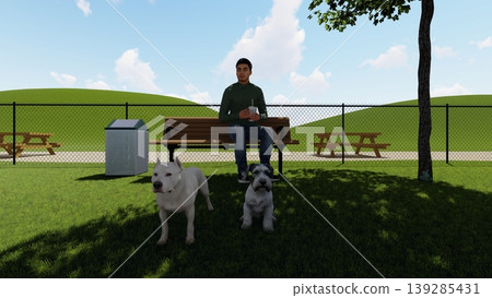 A scene of dogs playing in a spacious, green dog run, with people included (3DCG illustration). A scene of dogs playing in a spacious, green dog run, with people included (3DCG illustration). 139285431