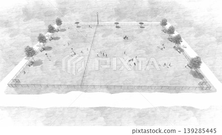 A scene of dogs playing in a spacious, green dog run, with people included (3DCG illustration). 139285445