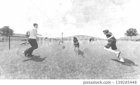 A scene of dogs playing in a spacious, green dog run, with people included (3DCG illustration). A scene of dogs playing in a spacious, green dog run, with people included (3DCG illustration). 139285448