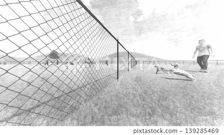 A scene of dogs playing in a spacious, green dog run, with people included (3DCG illustration). A scene of dogs playing in a spacious, green dog run, with people included (3DCG illustration). 139285469