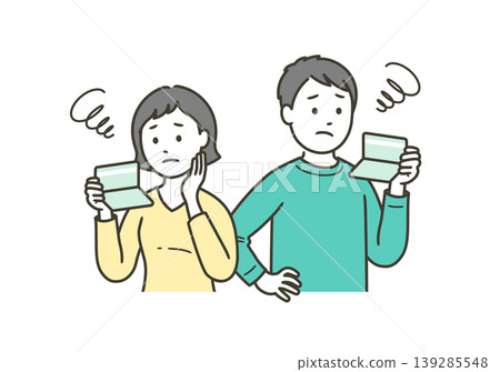 A young couple looks at their bankbook and worries about their savings, rising prices, housing funds, education funds, and future asset building. A young couple looks at their bankbook and worries about their savings, rising prices, housing funds, education funds, and future asset building. 139285548