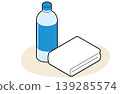 A plastic bottle and a beige towel (placed on the floor) 139285574