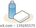 A water bottle with a blue time marker and a beige towel (placed on the floor). 139285575