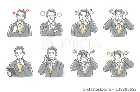 A set of variations on businessmen's facial expressions and poses (anger, panic, impatience, holding head in hands, tablet). 139285652