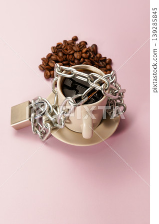 Coffee cup chained with padlock representing caffeine addiction Coffee cup chained with padlock representing caffeine addiction 139285845