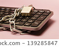 Keyboard secured with chain and padlock for data protection 139285847