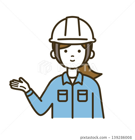 Illustration of a female inspection worker giving a guided tour and introduction | White helmet and work uniform 139286008