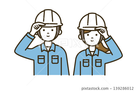 A pair of male and female workers checking their helmets for safety | White helmets, showing their determination. 139286012