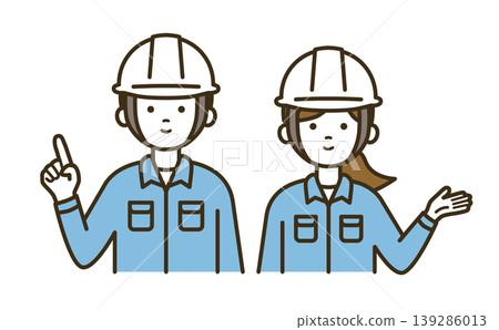 A pair of male and female workers providing guidance and pointing instructions | White helmets, work clothes, inspection, repair A pair of male and female workers providing guidance and pointing instructions | White helmets, work clothes, inspection, repair 139286013