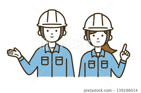男女工作人員搭檔,用於指導和指示 | 白色頭盔、工作服等。 男女工作人員搭檔,用於指導和指示 | 白色頭盔、工作服等。 139286014