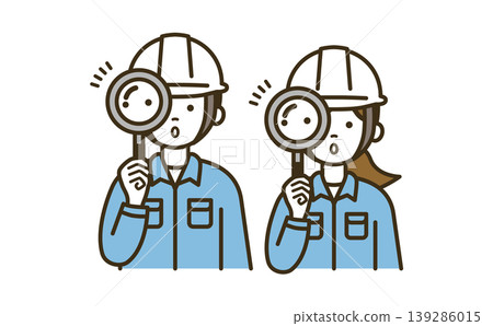A pair of male and female workers are surprised by an investigation using a magnifying glass | White helmets, thorough inspection, discovery, team A pair of male and female workers are surprised by an investigation using a magnifying glass | White helmets, thorough inspection, discovery, team 139286015