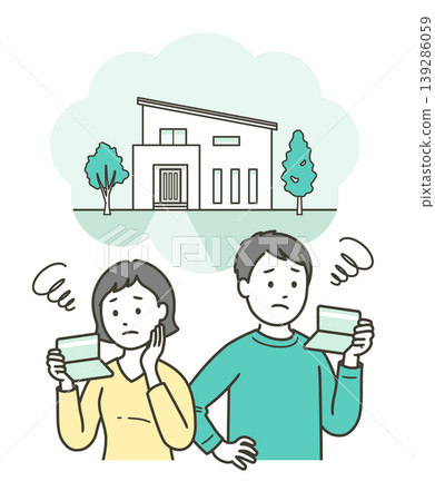A young couple looks at their bank account, worrying about housing funds and the possibility of buying a home, while picturing themselves in the world of a detached house. A young couple looks at their bank account, worrying about housing funds and the possibility of buying a home, while picturing themselves in the world of a detached house. 139286059