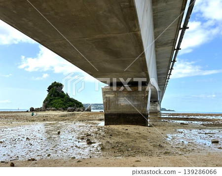 A view of the tidal flats and rocky islets at low tide, seen from beneath the piers of the Kouri Bridge. 139286066