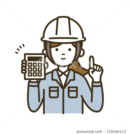 Illustration of a female engineer in work clothes presenting a price estimate | White helmet, calculator, pointing finger Illustration of a female engineer in work clothes presenting a price estimate | White helmet, calculator, pointing finger 139286123