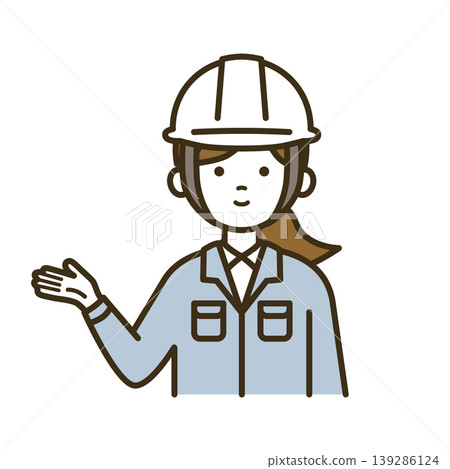 身著工作服的女工程師正在指路 | 白色頭盔,指向,介紹,接待 身著工作服的女工程師正在指路 | 白色頭盔,指向,介紹,接待 139286124