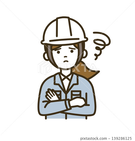 Illustration of a female engineer in work clothes, contemplating and thinking | White helmet, arms crossed, deep in thought 139286125