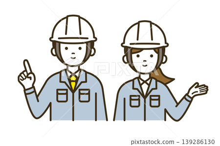 A pair of site supervisors and female technicians explaining important points and instructions | Work clothes, pointing tools, hand gestures 139286130