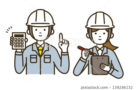 Worker uniform set for male and female staff responsible for providing quotes and recording contracts: work clothes, tie, blouse, and calculator. Worker uniform set for male and female staff responsible for providing quotes and recording contracts: work clothes, tie, blouse, and calculator. 139286132