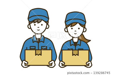 Logistics staff uniform set for men and women working together to carry packages: work cap, shirt, delivery equipment, cardboard boxes. Logistics staff uniform set for men and women working together to carry packages: work cap, shirt, delivery equipment, cardboard boxes. 139286745