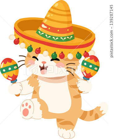 Cinco de Mayo cute cartoon cat wearing sombrero and holding maracas Cinco de Mayo cute cartoon cat wearing sombrero and holding maracas 139287145