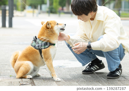 Lifestyle, Pets, A man walking his Shiba Inu 139287287