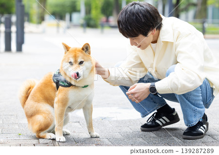 Lifestyle, Pets, A man walking his Shiba Inu Lifestyle, Pets, A man walking his Shiba Inu 139287289