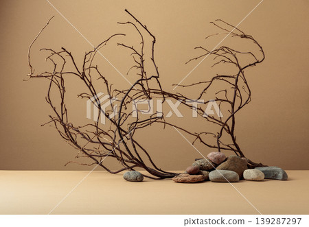 An intricately entwined branches and smooth stones against a beige background. 139287297