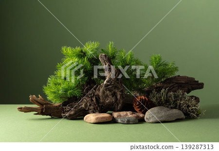 Abstract nature scene with a composition of spruce branches, stones, and dry snags. 139287313