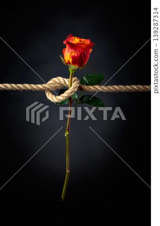 A red rose is tied with a coarse rope. 139287314