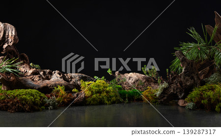 Northern natural composition with lichen, moss, pine branches and driftwood. Northern natural composition with lichen, moss, pine branches and driftwood. 139287317