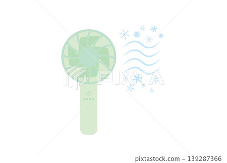An illustration of a handheld fan blowing out cold air. An illustration of a handheld fan blowing out cold air. 139287366