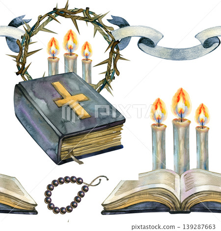 Watercolor hand drawn seamless pattern with religious Christian symbols: closed and open Holy Bibles, burning candles, a crown of thorns, and a rosary. Spiritual antique elements for prayer and faith Watercolor hand drawn seamless pattern with religious Christian symbols: closed and open Holy Bibles, burning candles, a crown of thorns, and a rosary. Spiritual antique elements for prayer and faith 139287663