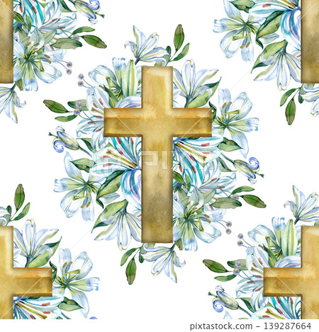Watercolor hand drawn seamless pattern featuring golden Christian crosses surrounded by lush bouquets of blue lilies and green leaves. Spiritual floral ornament for Easter, baptism, or religious Watercolor hand drawn seamless pattern featuring golden Christian crosses surrounded by lush bouquets of blue lilies and green leaves. Spiritual floral ornament for Easter, baptism, or religious 139287664