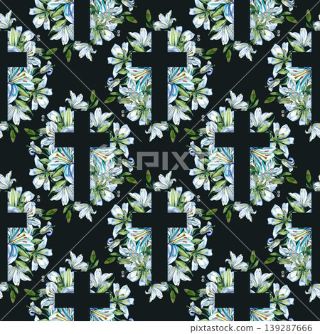 Watercolor hand drawn seamless pattern featuring white silhouettes of Christian crosses framed by elegant blue lily bouquets and green leaves. Spiritual floral ornament for Easter or religious Watercolor hand drawn seamless pattern featuring white silhouettes of Christian crosses framed by elegant blue lily bouquets and green leaves. Spiritual floral ornament for Easter or religious 139287666