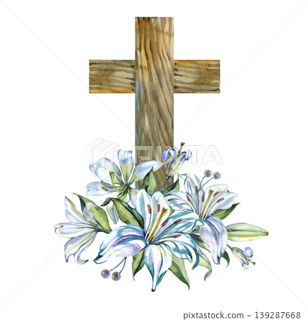 Beautiful hand drawn watercolor illustration of a wooden Christian cross adorned with elegant white lilies and green leaves. Symbolic religious artwork perfect for Easter, baptism, and church decor. Beautiful hand drawn watercolor illustration of a wooden Christian cross adorned with elegant white lilies and green leaves. Symbolic religious artwork perfect for Easter, baptism, and church decor. 139287668