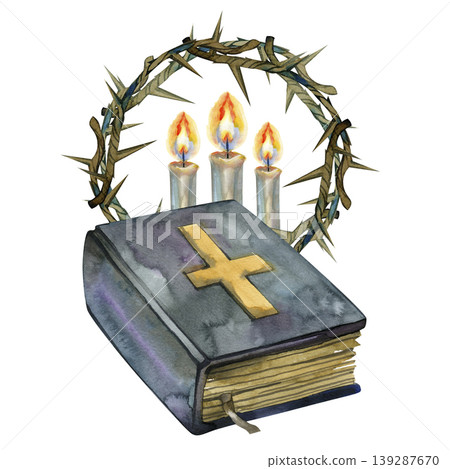 Watercolor hand drawn illustration of a closed old vintage Holy Bible book with a gold cross, three lit candles, and a thorn crown. Christian religious symbols for faith, Easter, Lent, or prayer on a Watercolor hand drawn illustration of a closed old vintage Holy Bible book with a gold cross, three lit candles, and a thorn crown. Christian religious symbols for faith, Easter, Lent, or prayer on a 139287670