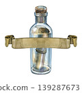 Vintage watercolor illustration of a message in a bottle, featuring a glass vessel with a cork and an internal paper scroll, overlaid with a matching parchment banner. Perfect for nautical and retro 139287673