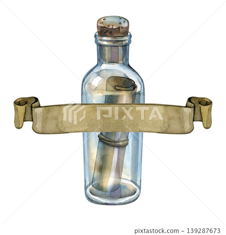 Vintage watercolor illustration of a message in a bottle, featuring a glass vessel with a cork and an internal paper scroll, overlaid with a matching parchment banner. Perfect for nautical and retro Vintage watercolor illustration of a message in a bottle, featuring a glass vessel with a cork and an internal paper scroll, overlaid with a matching parchment banner. Perfect for nautical and retro 139287673