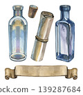 Vintage watercolor set featuring antique glass bottles, a cork, an old paper scroll, and a banner. Hand drawn nautical and alchemical elements perfect for retro designs, invitations, and scrapbooking. 139287684